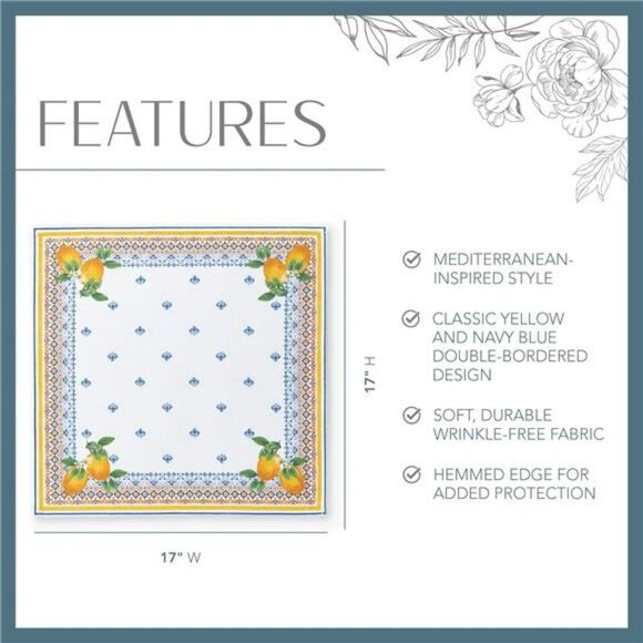 Elrene Lemon Cloth Napkins Set of 4 Mediterranean Floral Table Decor 17x17 - Picture 3 of 7